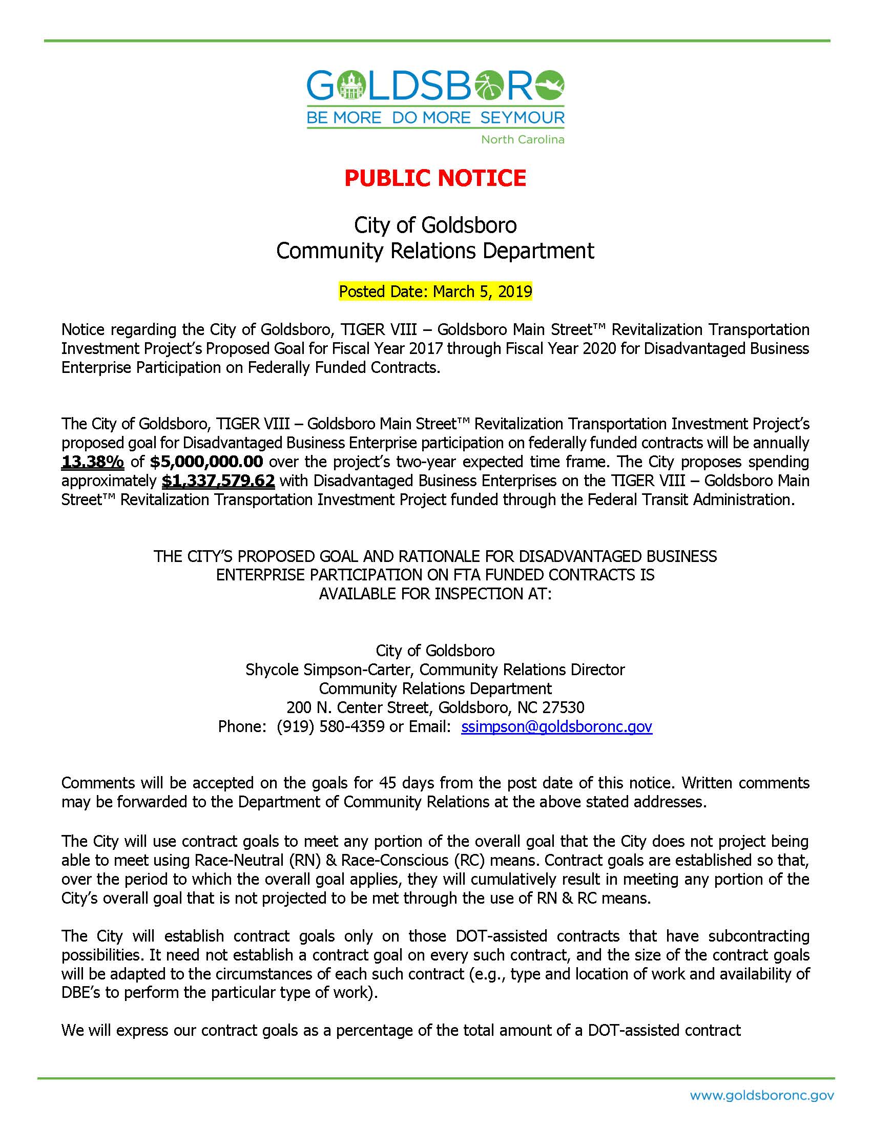 DBE Goal Public Notice FY 17-20